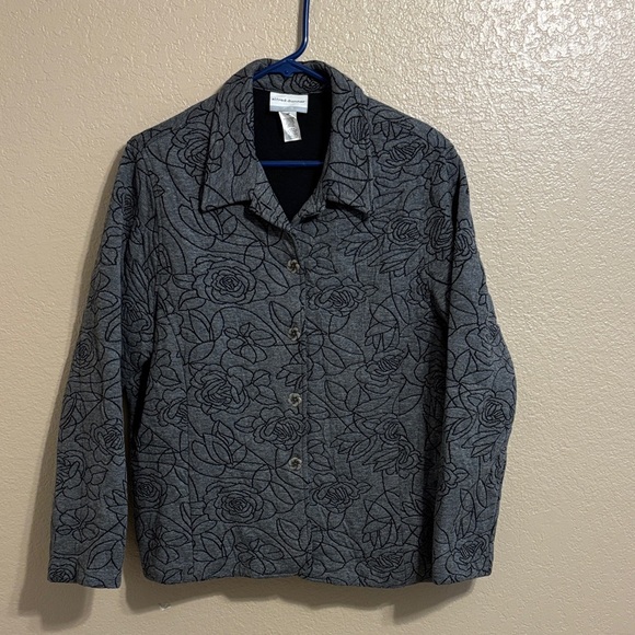 Alfred Dunner Gray Quilted Knit Jacket Embroidered Petite 16P Button Front - Picture 1 of 7